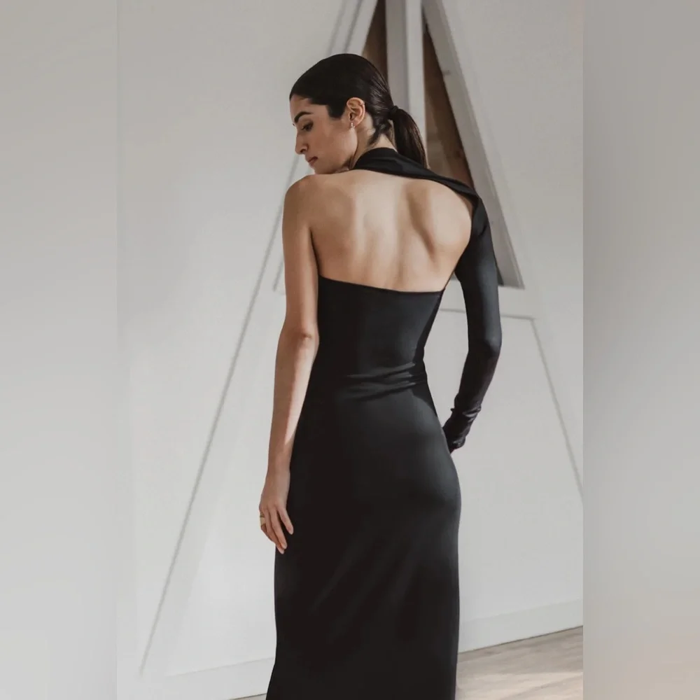 New! Marcella Manhattan One Shoulder Knit Gown Black Maxi Dress Size Medium - Picture 5 of 10